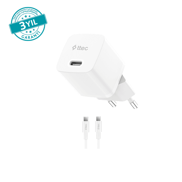 ttec SmartCharger GAN 20W PD Seyahat Hızlı Şarj Aleti + USB-C - USB-C 3A Kablo